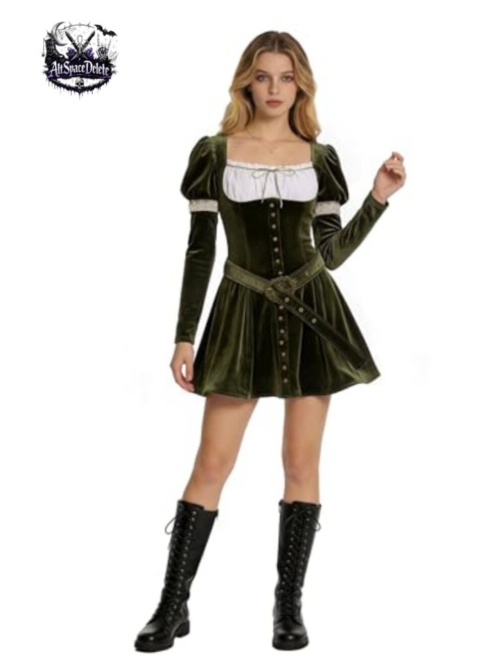Renaissance Medieval Velvet Dress Puffed Sleeve with Belt Cosplay Costume